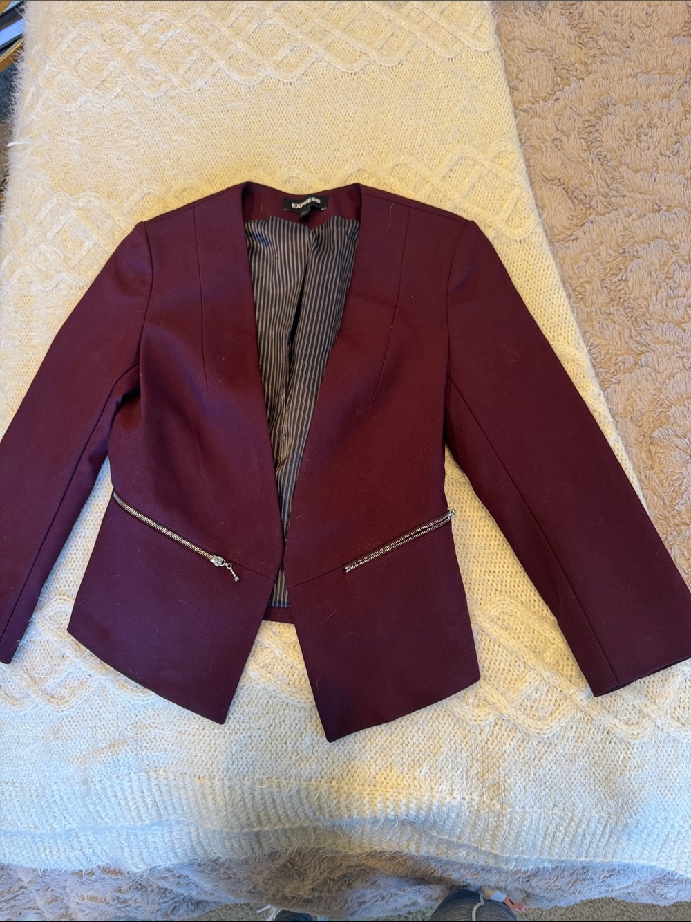 Express Women's Burgundy Open-Front Blazer with Zip Pockets